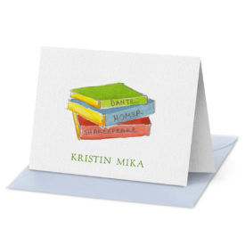 Folded Note Card featuring a stack of books printed on white paper.