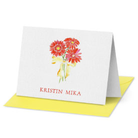 Folded Note Card featuring a red Gerber daisy image printed on white paper.