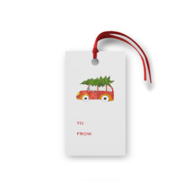 Holiday Car with Tree Glittered Gift Tag printed on White paper.