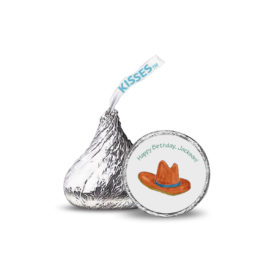 cowboy hat image printed on a candy sticker that fits on the bottom of a Hershey's kiss.