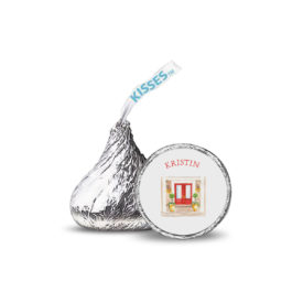 house image printed on a candy sticker that fits on the bottom of a Hershey's kiss.