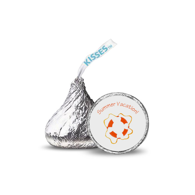 life preserver image adorns a candy sticker that fits on the bottom of a Hershey's kiss.