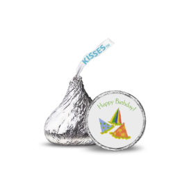 party hats image printed on a candy sticker that fits on the bottom of a Hershey's kiss.