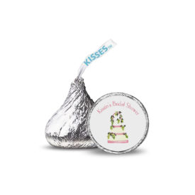white wedding cake image adorns a candy sticker that fits on the bottom of a Hershey's kiss.