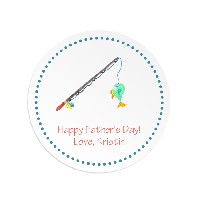 fishing rod image adorns a round gift sticker