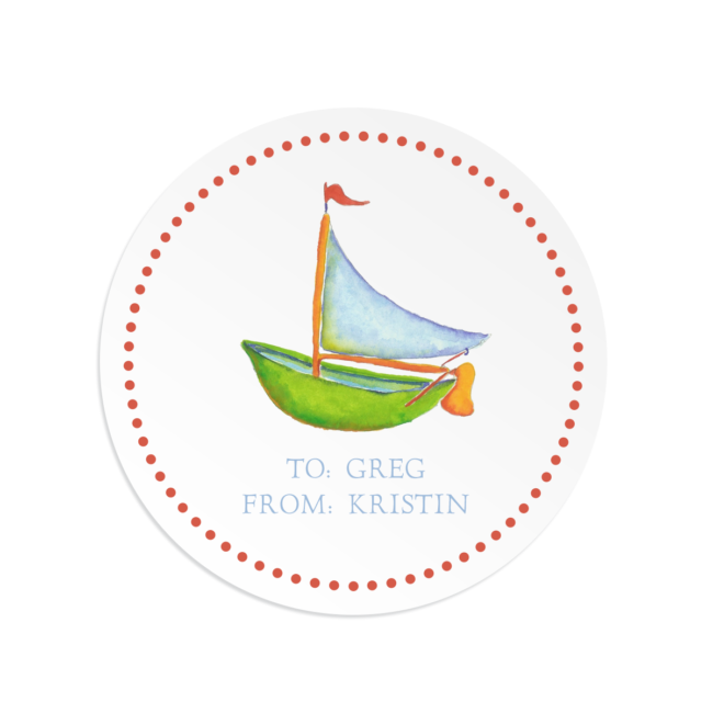 boat image adorns a round gift sticker