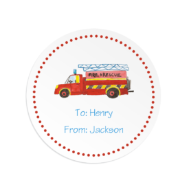 firetruck image adorns a round gift sticker
