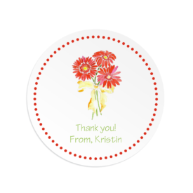 gerber daisies image adorns a round gift sticker