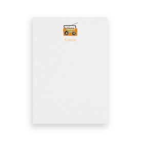 boom box classic notepad printed on White paper.