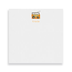 boom box image adorns a square notepad printed on white paper.