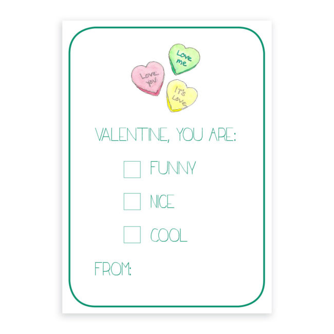 Conversation Hearts Valentine card printed on heavy white card stock paper.